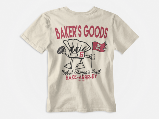 Baker's Goods Shirt, Cream colored, Baker Mayfield cartoon holding a flag, back of shirt, tampa bay buccaneers, bucs