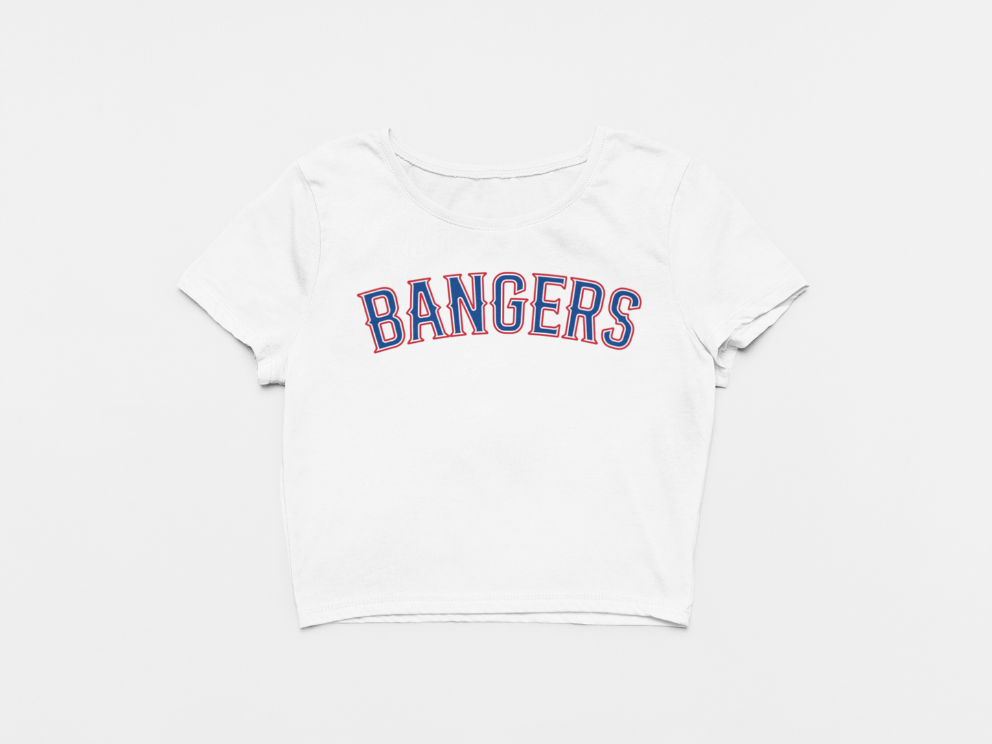 white crop top, front of crop top, bangers across the chest, texas rangers, blue and red lettering, bangers, texas rangers logo