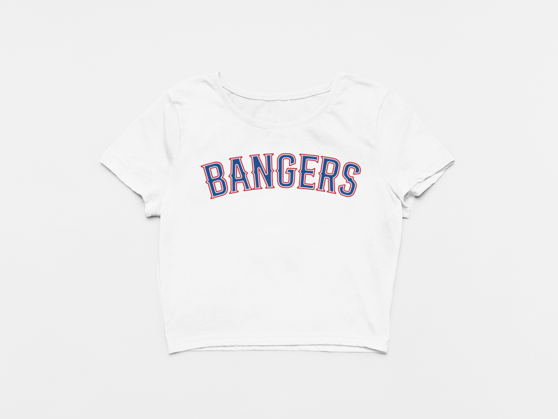 white crop top, front of crop top, bangers across the chest, texas rangers, blue and red lettering, bangers, texas rangers logo