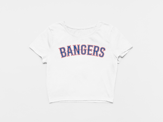 white crop top, front of crop top, bangers across the chest, texas rangers, blue and red lettering, bangers, texas rangers logo