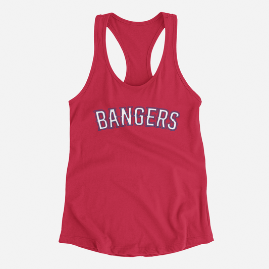 red tank top, front of tank top, bangers across the chest, texas rangers, white and blue lettering, bangers, texas rangers logo