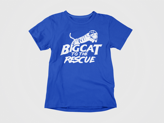 blue shirt, front of shirt, lettering big cat to the rescue, andrei vasilevskiy and lightning inspired, bolts, tampa bay lightning