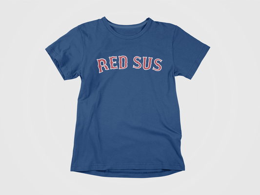 front of shirt, navy shirt, red lettering with white outline, red sus, boston red sox