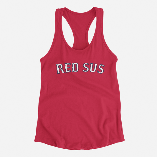 front of tank top, red tank top, white lettering with blue outline, red sus, boston red sox