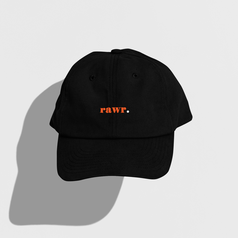 black dad hat, dad hat, orange and white lettering, rawr embroidery, cincinnati bengals, bengals, rawr. 