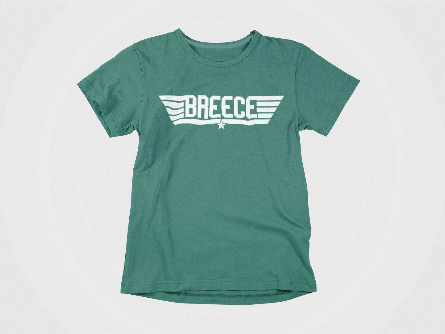 green shirt, front of shirt, white lettering, breece, top gun logo, breece hall, new york jets