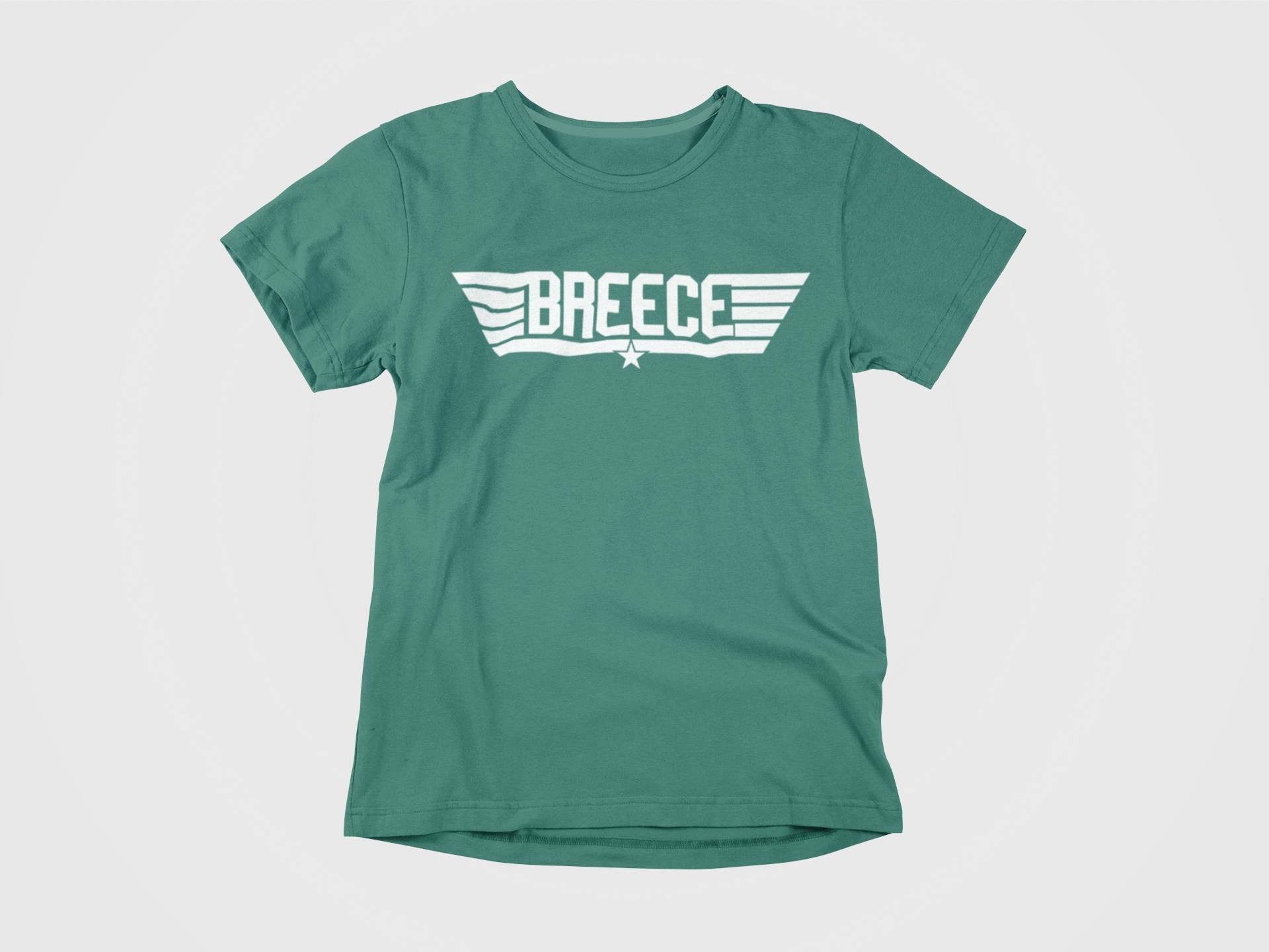 green shirt, front of shirt, white lettering, breece, top gun logo, breece hall, new york jets