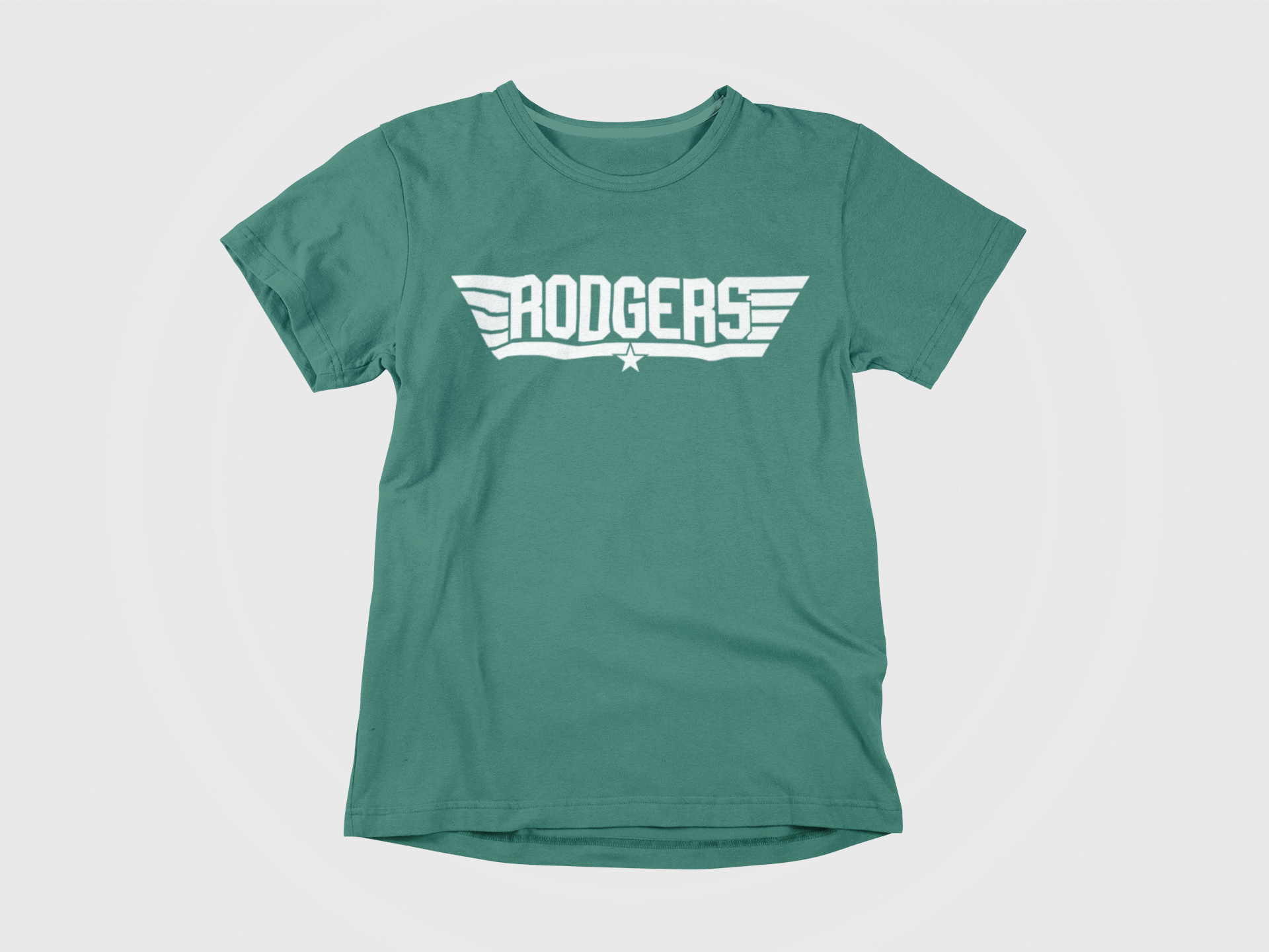 green shirt, front of shirt, white lettering, rodgers, top gun logo, aaron rodgers, new york jets