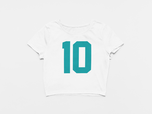 Front of Crop Top, Number 10 printed in Teal, White Color, Miami Dolphins, Tyreek Hill, Cheetah