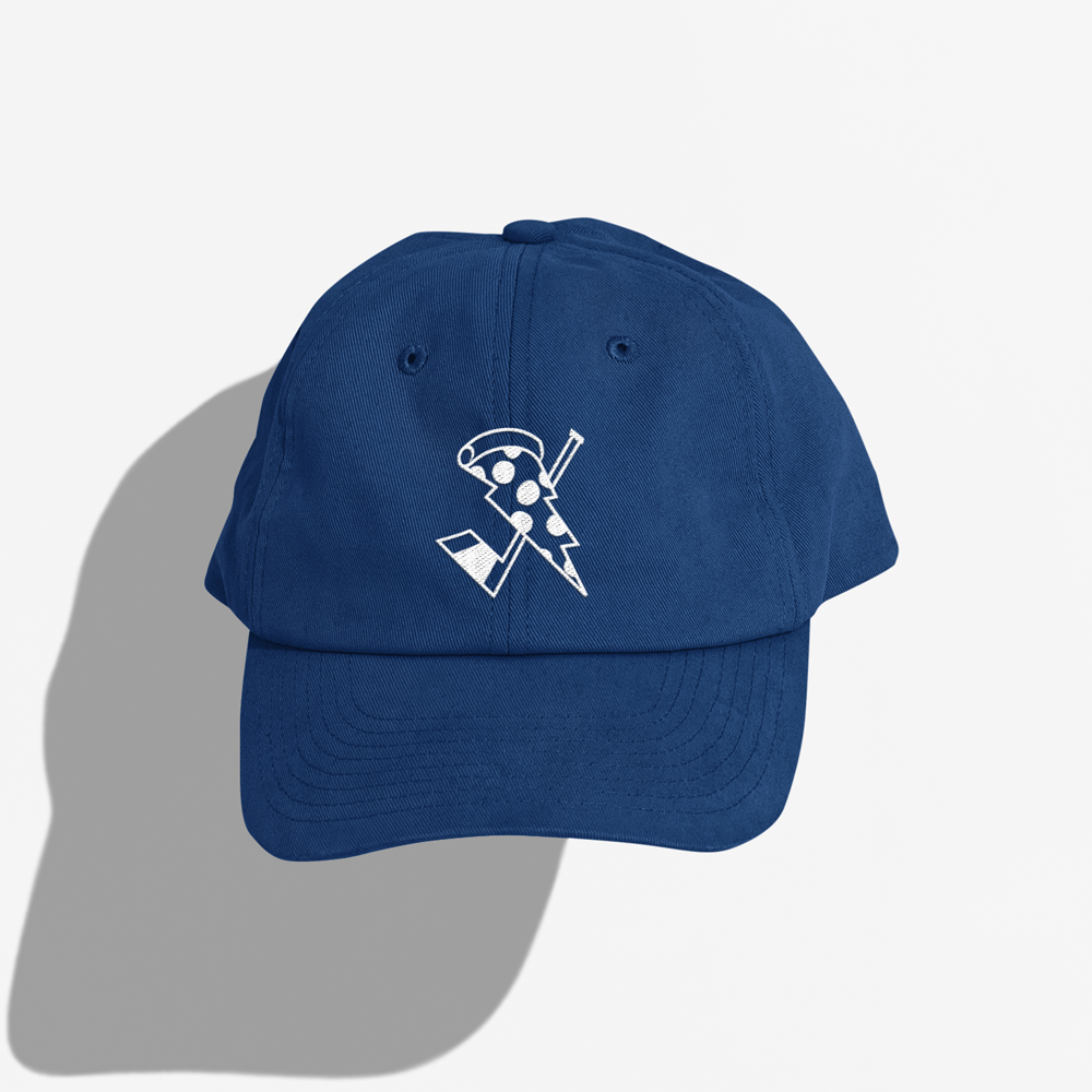 blue hat, dad hat, white embroidery, pizza slice with a hockey stick