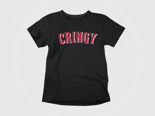 black shirt, front of shirt, red and white lettering, cringy across the chest, cincinnati reds, reds