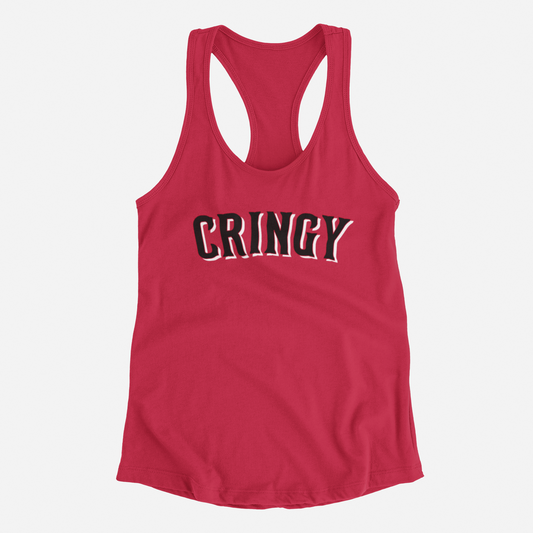 red tank top, front of tank top, black and white lettering, cringy across the chest, cincinnati reds, reds