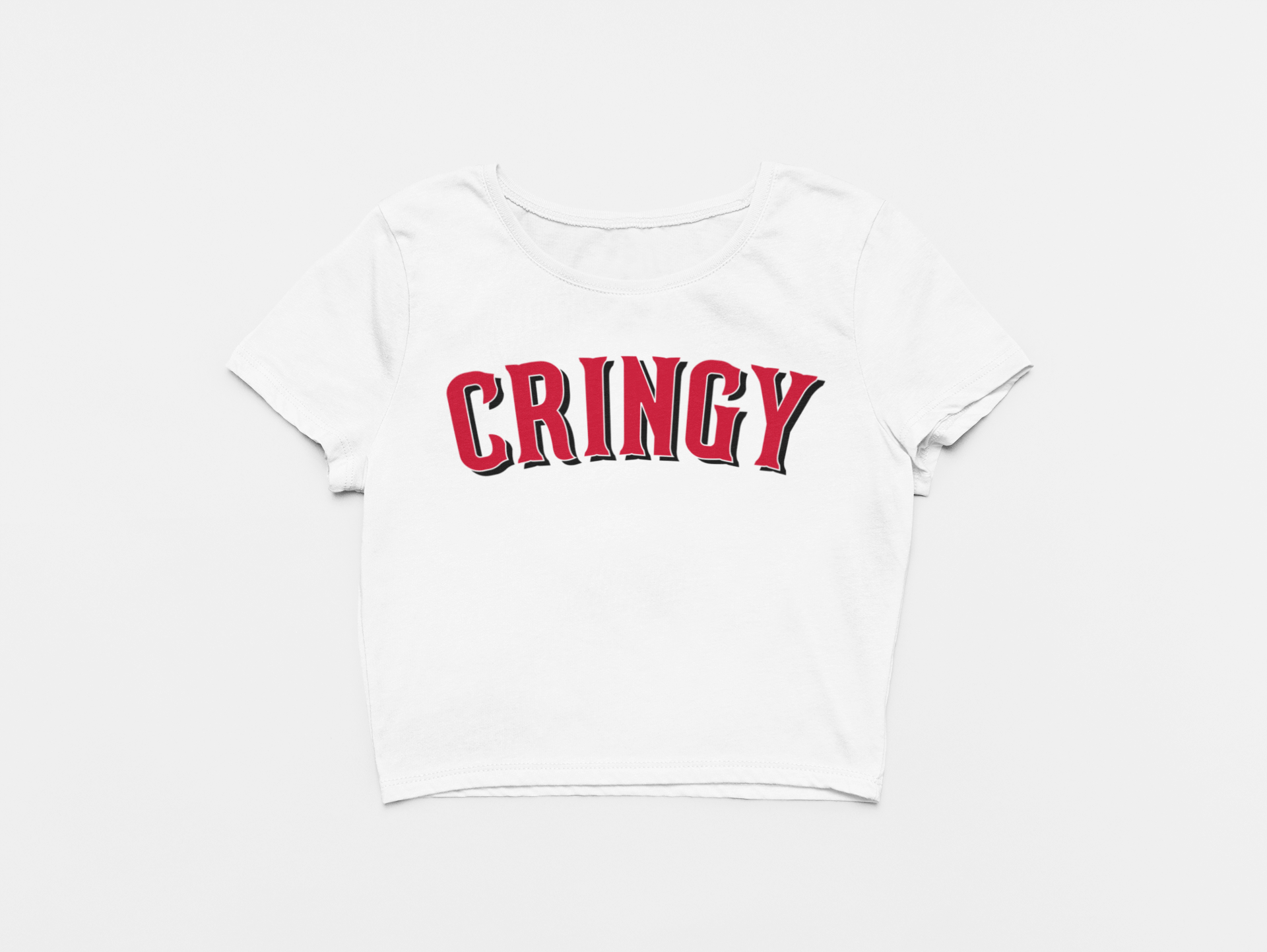 white crop top, front of crop top, red black and white lettering, cringy across the chest, cincinnati reds, reds