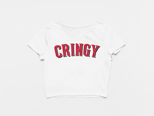 white crop top, front of crop top, red black and white lettering, cringy across the chest, cincinnati reds, reds