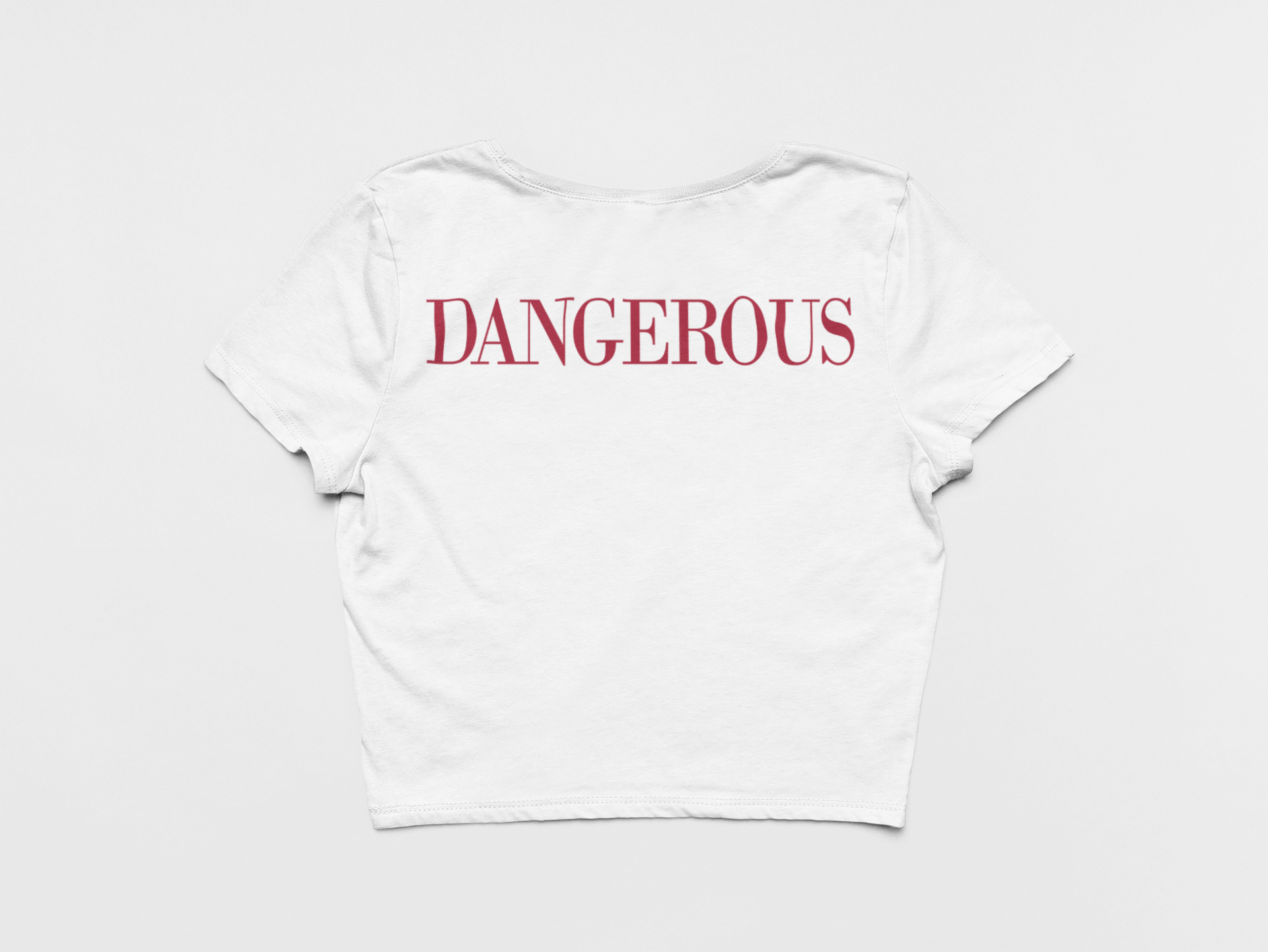 Back of Crop Top, White Color, Dangerous in red printed on back, Tampa Bay Buccaneers, Baker Mayfield