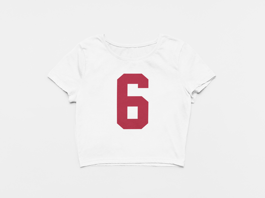 Front of Crop Top, White Color, Red Number 6 printed on front, Tampa Bay Buccaneers, Dangerous, Baker Mayfield