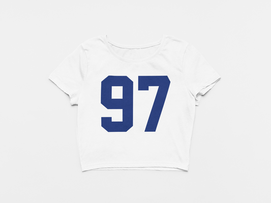 Front of Crop Top, White Color, 97 printed on front in blue, new york giants, dexy, dexter lawrence 