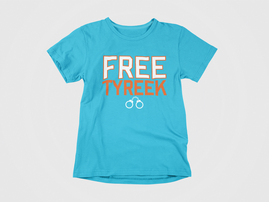 teal shirt, front of shirt, orange and white colors, free tyreek, Miami Dolphins, fins. handcuffs