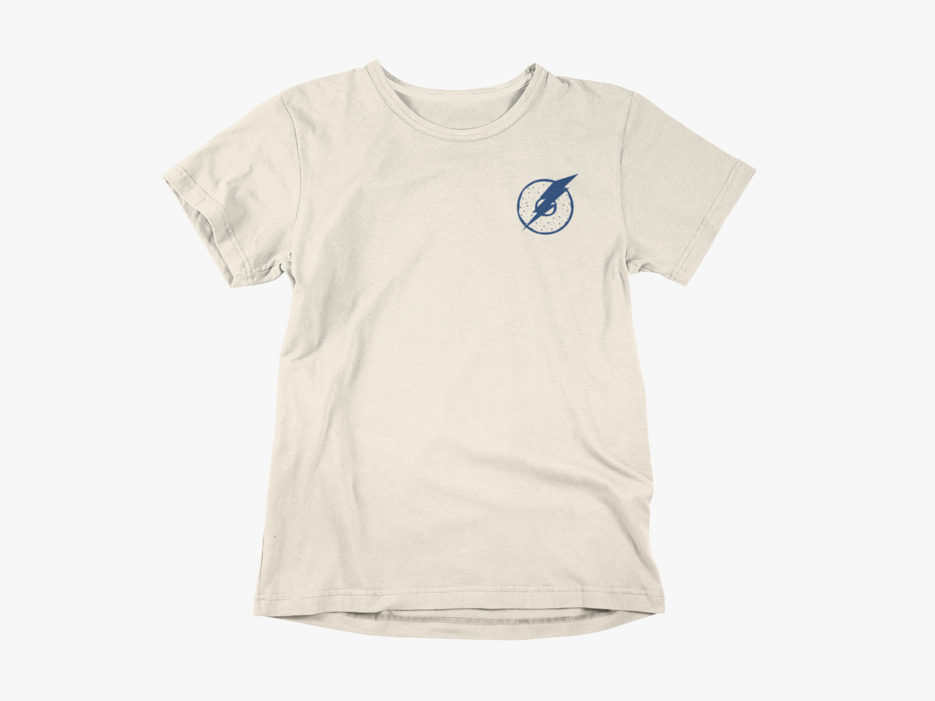 front of shirt, cream colored, lightning over a bagel, lightning logo with bagel, tampa bay lightning, hagels bagels, bolts 