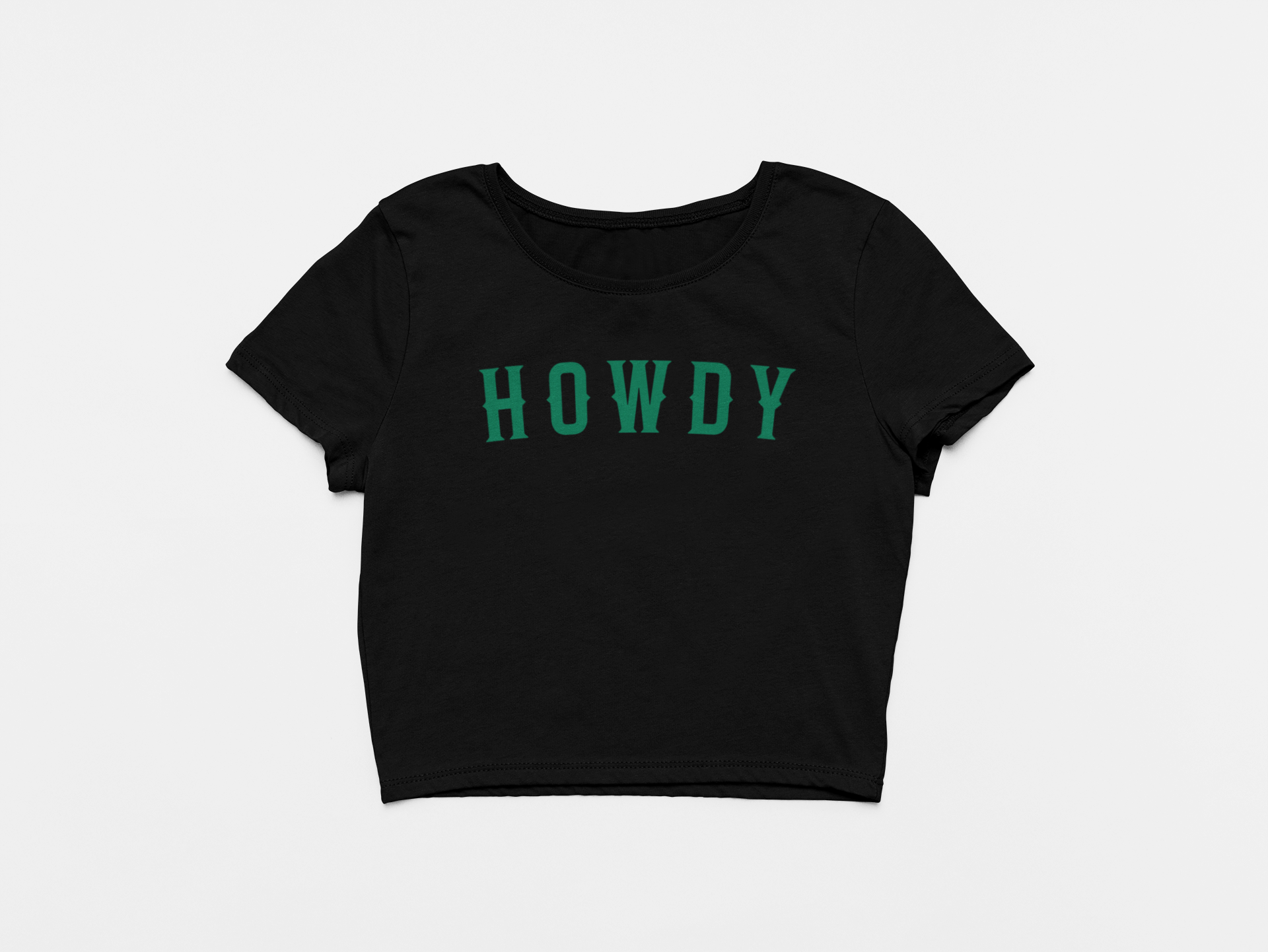 black crop top, front of crop top, howdy across the chest, green lettering, dallas stars