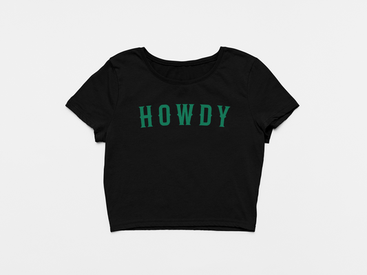 black crop top, front of crop top, howdy across the chest, green lettering, dallas stars