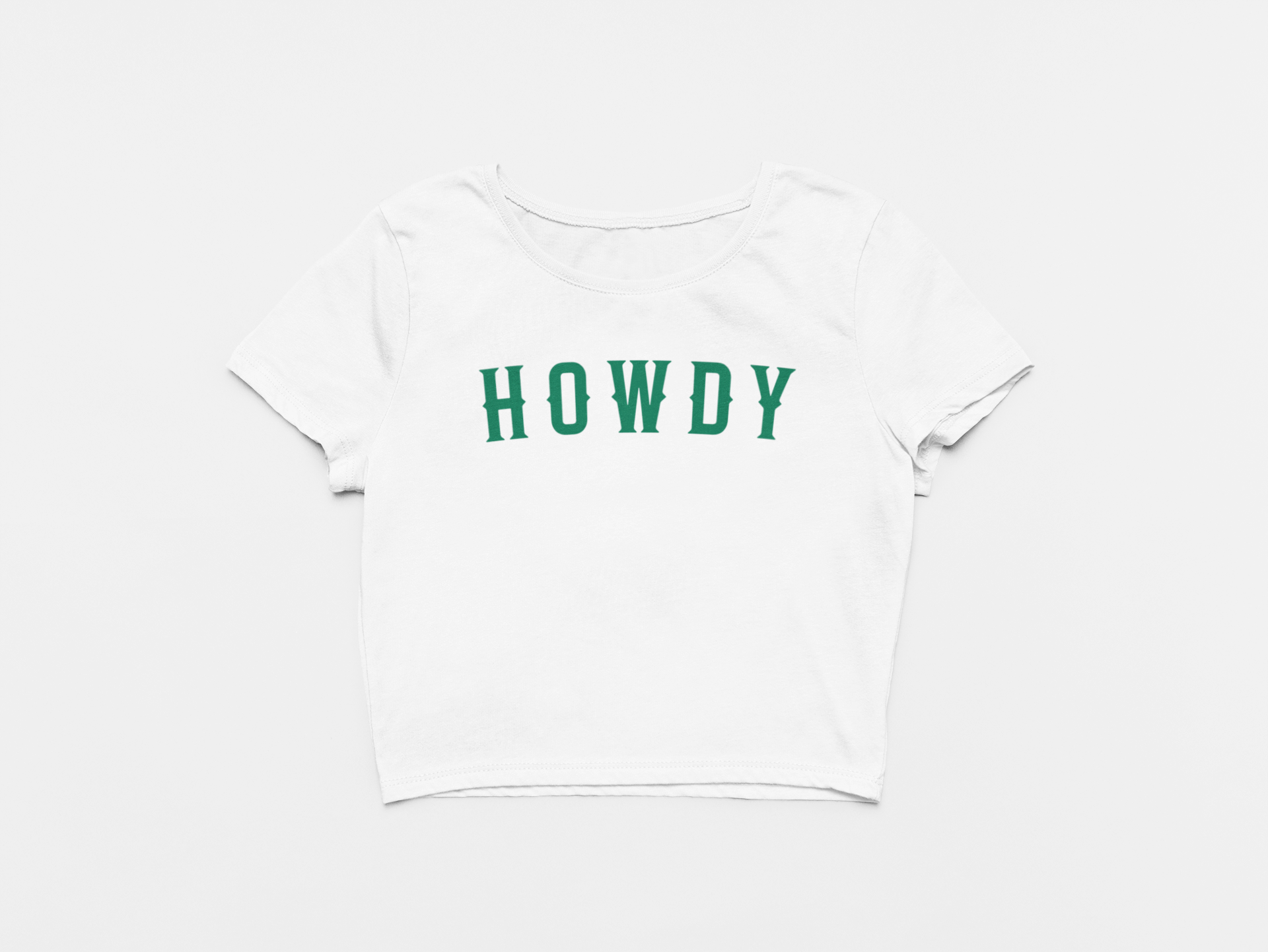 white crop top, front of crop top, howdy across the chest, green lettering, dallas stars