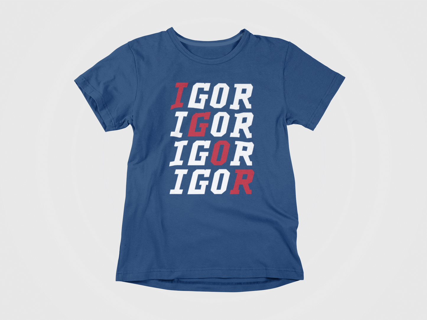 navy shirt, front of shirt, igor in white and red, igor written 4 times. diagnol red igor, new york rangers, rangers, igor shesterkin