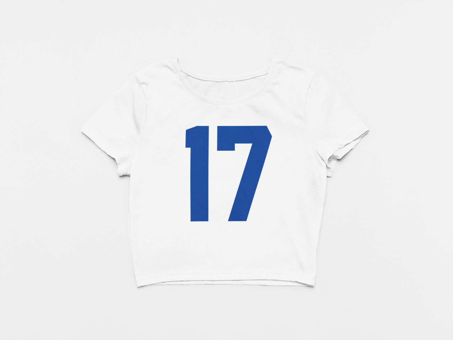 Front of Crop Top, White Color, Number 17 printed on front in blue, Josh Allen, Buffalo Bills, Josh Allen, Bills Mafia