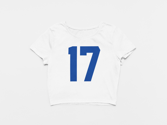 Front of Crop Top, White Color, Number 17 printed on front in blue, Josh Allen, Buffalo Bills, Josh Allen, Bills Mafia