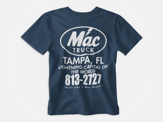 back of shirt, navy shirt, white lettering, mac truck, tampa, fl, lightning capital of the world, ryan mcdonagh, tampa bay lightning, bolts, mac truck circled with lightning bolt