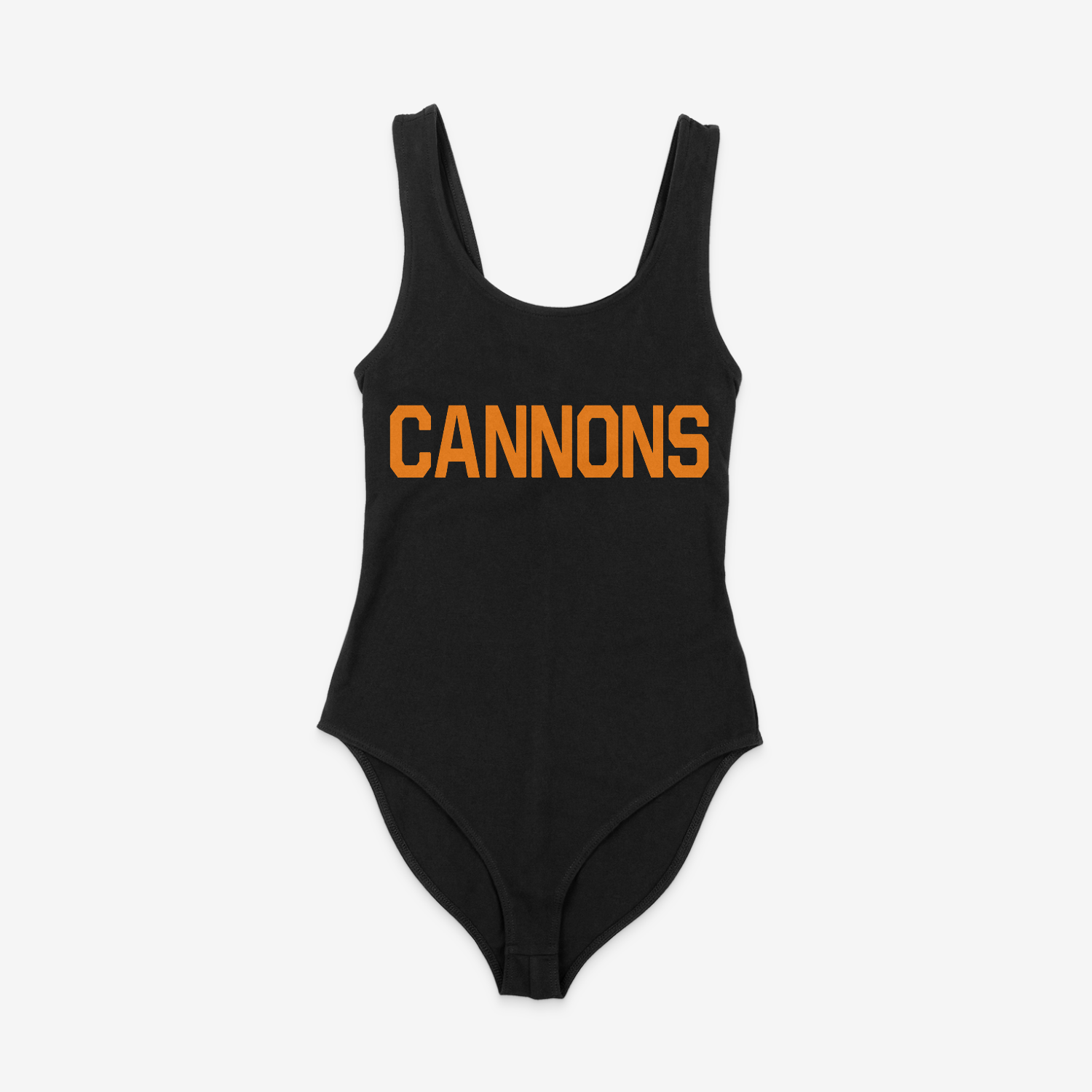 black bodysuit, front of bodysuit, orange or creamsicle lettering, cannons across the chest, tampa bay buccaneers, bucs