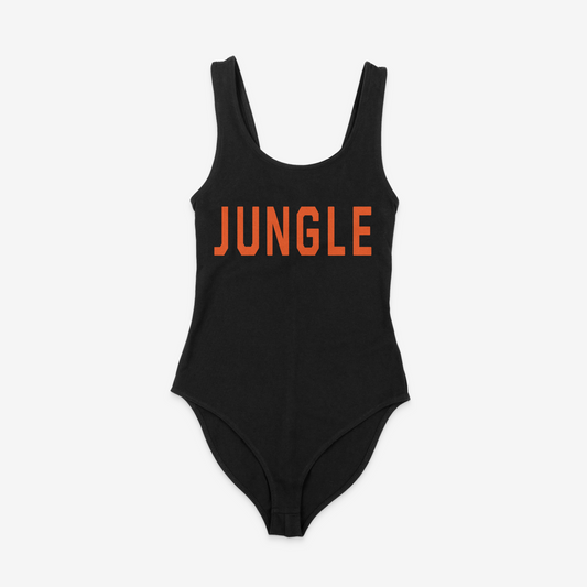 black bodysuit, front of bodysuit, jungle across the chest, orange lettering, cincinnati bengals, bengals