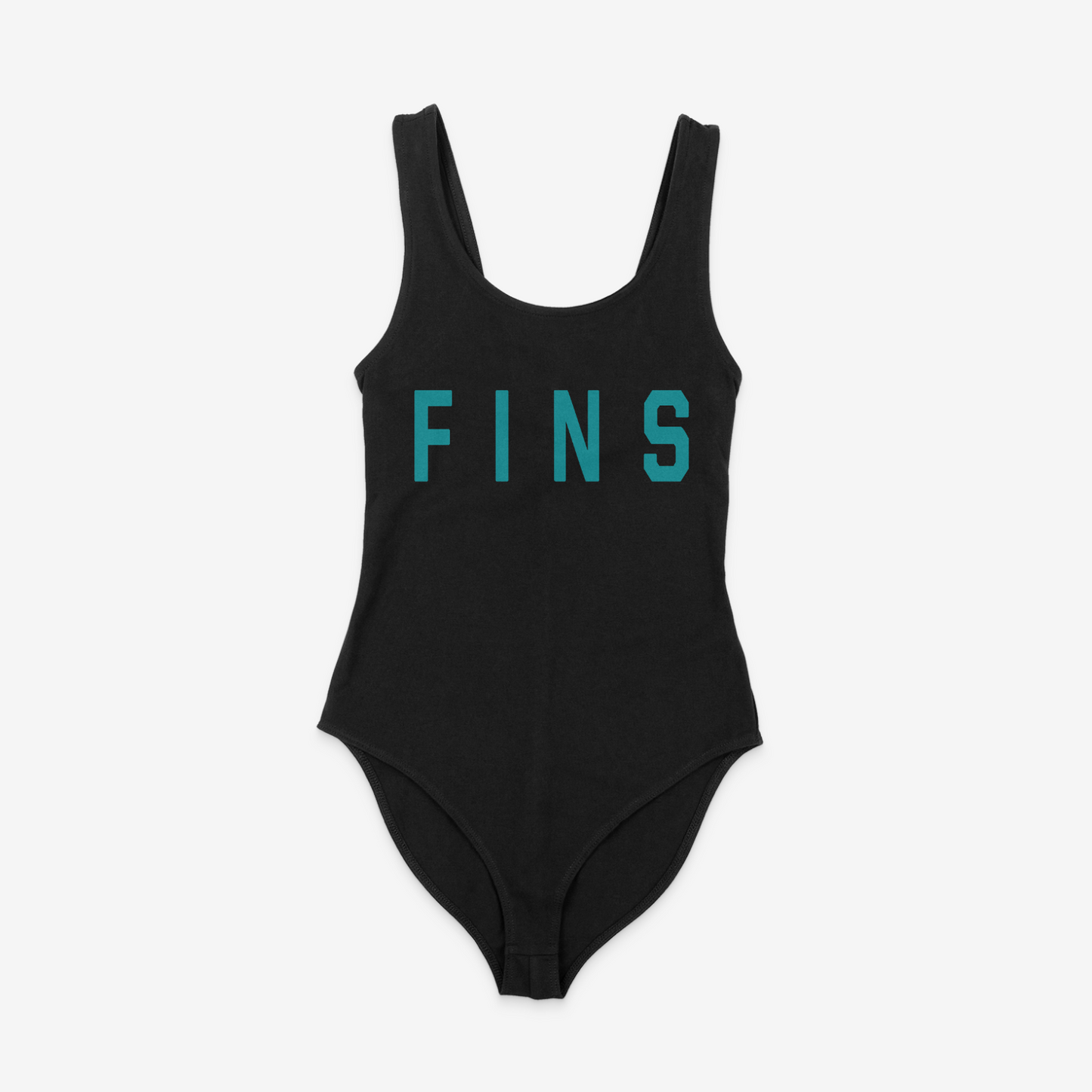 black bodysuit, front of bodysuit, teal lettering, miami dolphins, fins across the chest