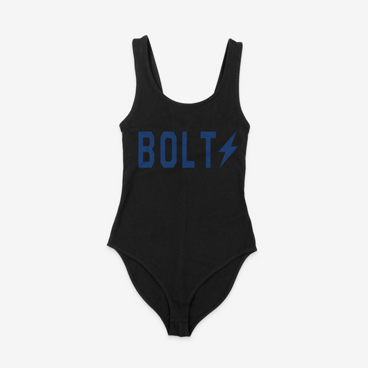 front of bodysuit, Black bodysuit, blue lettering, bolt across the chest, lightning bolt, tampa bay ligtning, bolts