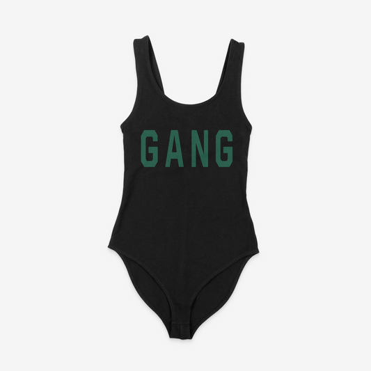 Black Bodysuit, front of bodysuit, green letting, gang across the chest, new york jets