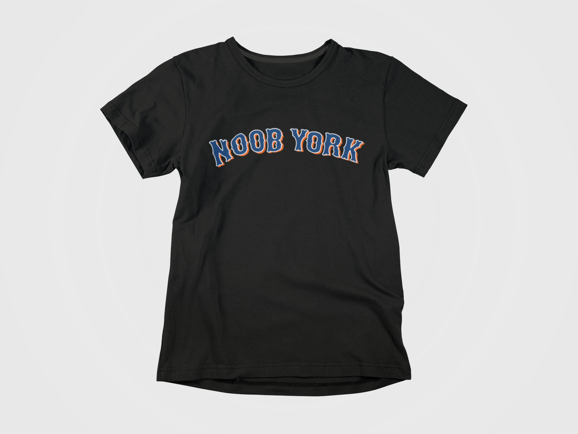 black shirt, front of shirt, blue and orange lettering, noob york across the chest, mets font, new york mets