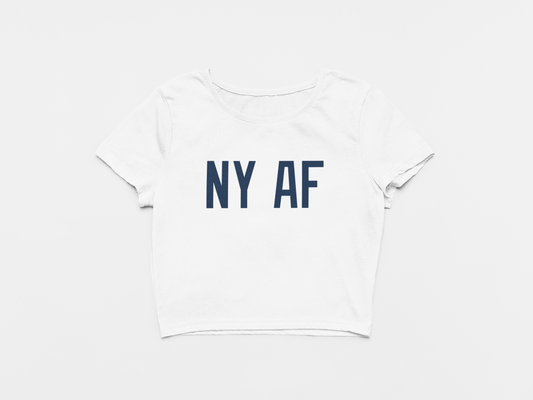 Front of Crop Top, White Crop top, navy lettering, NYAF, NY AF, new york yankees, yankees, bronx