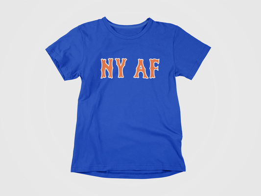 front of shirt, blue shirt, orange and white lettering, mets font, NYAF, NY AF, across the chest, new york mets 