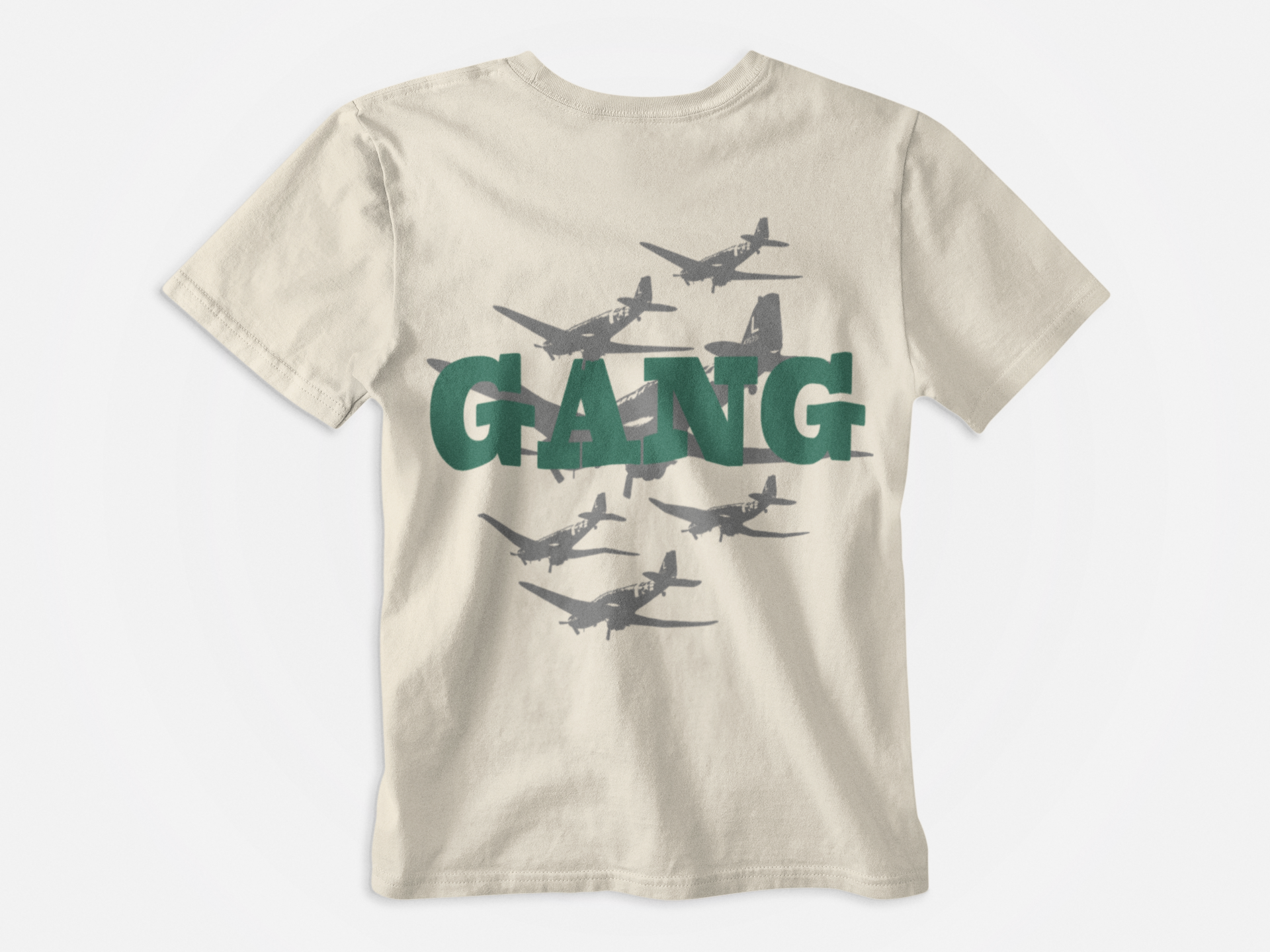 Back of shirt, Cream color, GANG written in green, images of jets in grey, new york jets, gang green