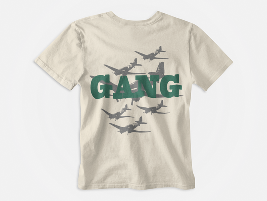 Back of shirt, Cream color, GANG written in green, images of jets in grey, new york jets, gang green