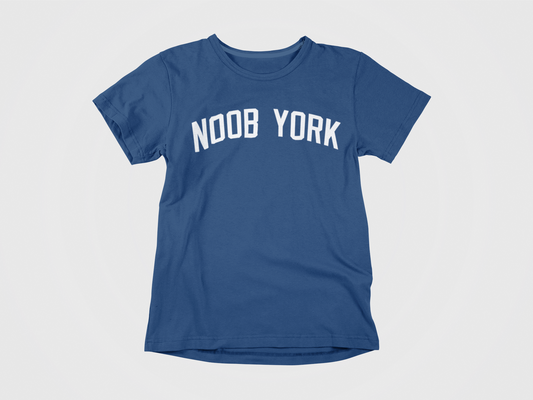 navy shirt, front of shirt, white lettering, noob york across the chest, new york yankees, yankees font, yankees