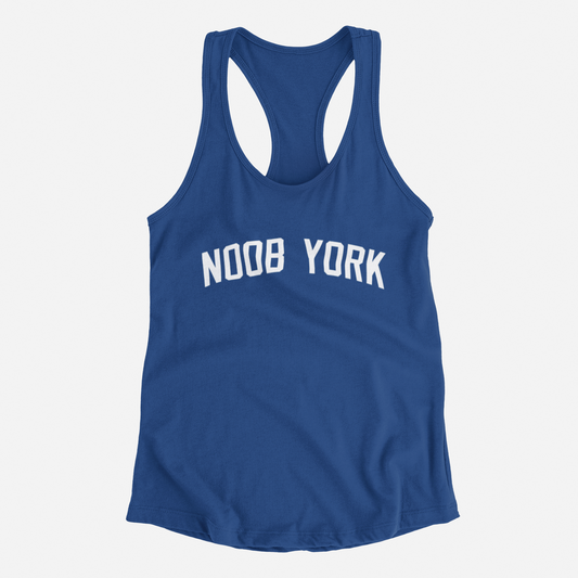 navy tank top, front of tank top, white lettering, noob york across the chest, new york yankees, yankees font, yankees