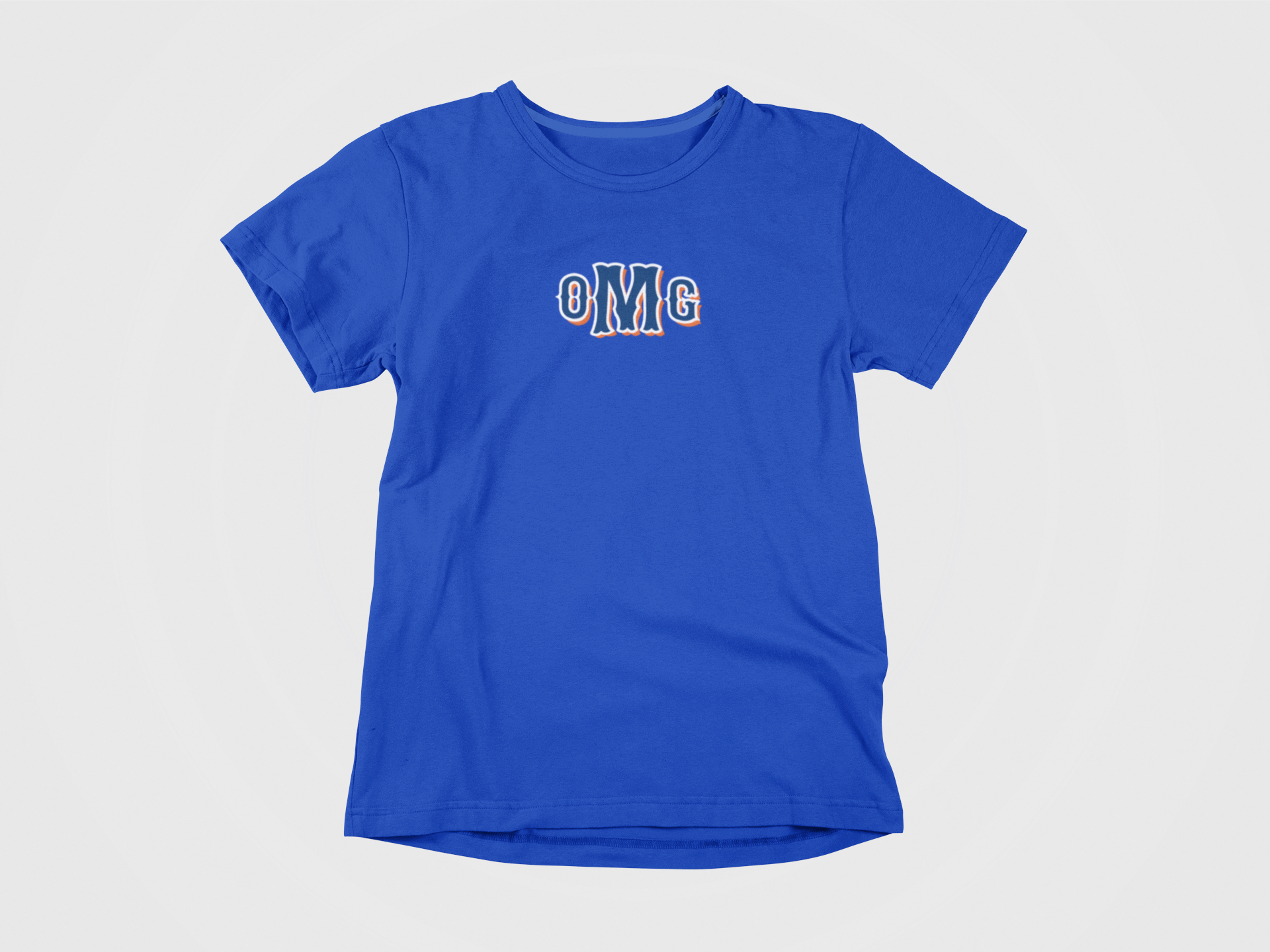 Front of shirt, blue shirt, lettering says OMG in mets font, lettering is centered, New York Mets