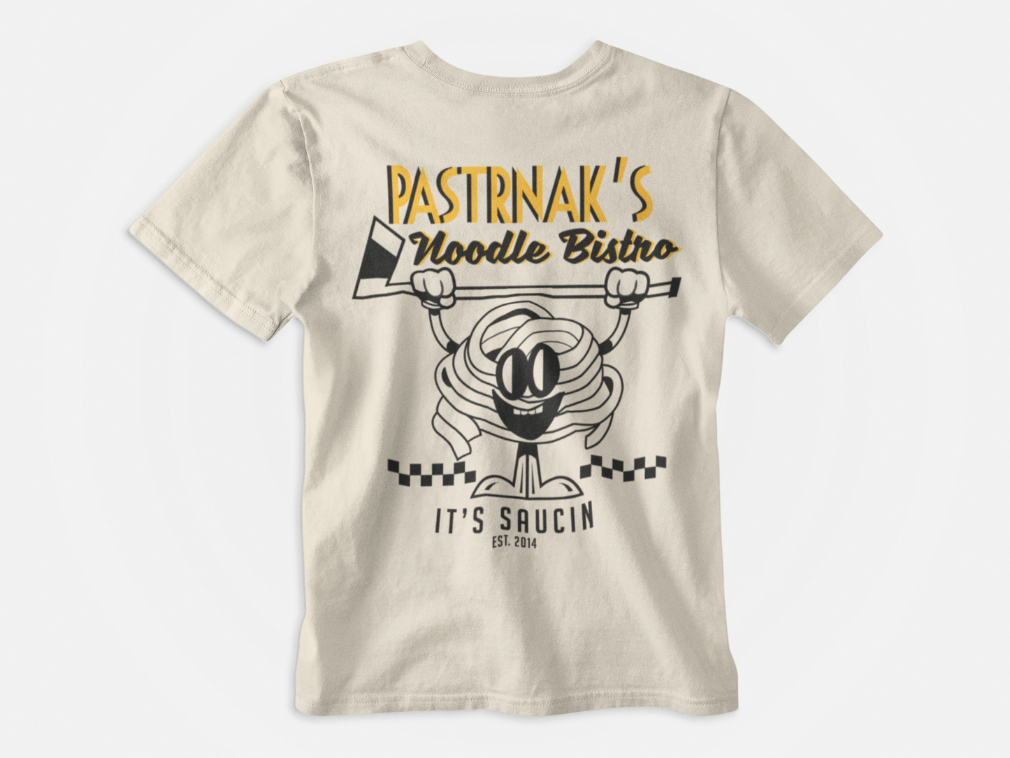 back of shirt, cream colored shirt, pastrnak's noodle bistro, pasta holding a hockey stick, pasta cartoon, it's saucin, boston bruins, bruins, pasta cartoon, pastrnak cartoon, yellow and black lettering