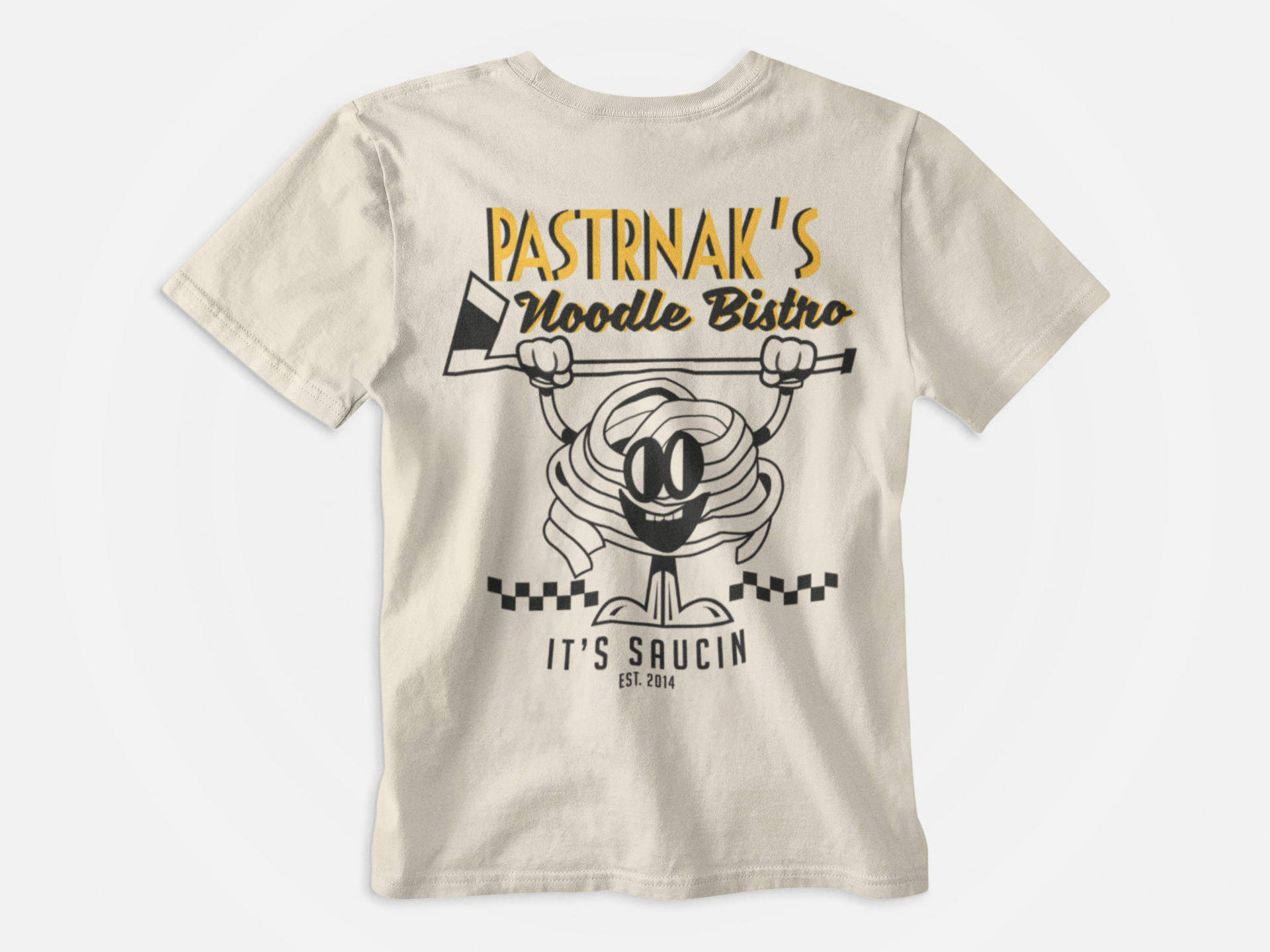 back of shirt, cream colored shirt, pastrnak's noodle bistro, pasta holding a hockey stick, pasta cartoon, it's saucin, boston bruins, bruins, pasta cartoon, pastrnak cartoon, yellow and black lettering