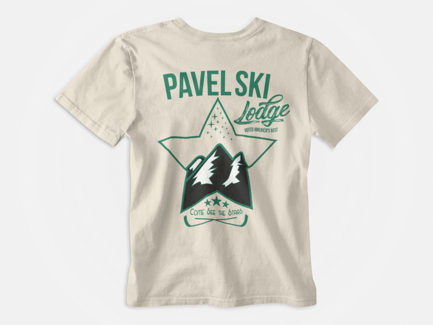 back of shirt, cream colored shirt, green lettering, pavelski lodge, star with mountains, come see the stars, joel pavelski, dallas stars