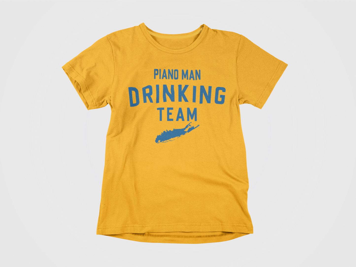 orange shirt, front of shirt, blue lettering, piano man drinking team, piano man, long island, new york mets, new york islanders