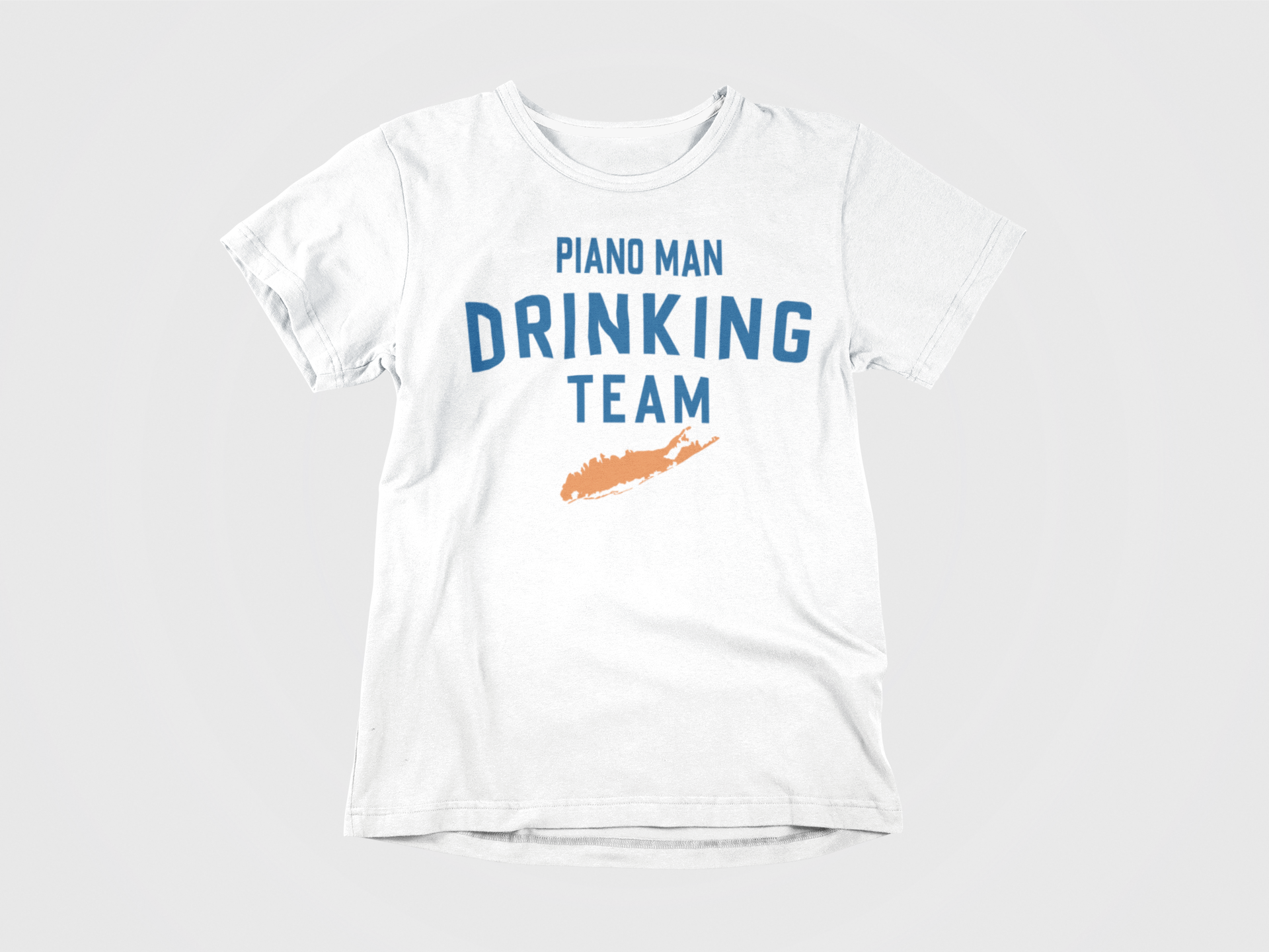 white shirt, front of shirt, blue lettering, piano man drinking team, piano man, long island, new york mets, new york islanders