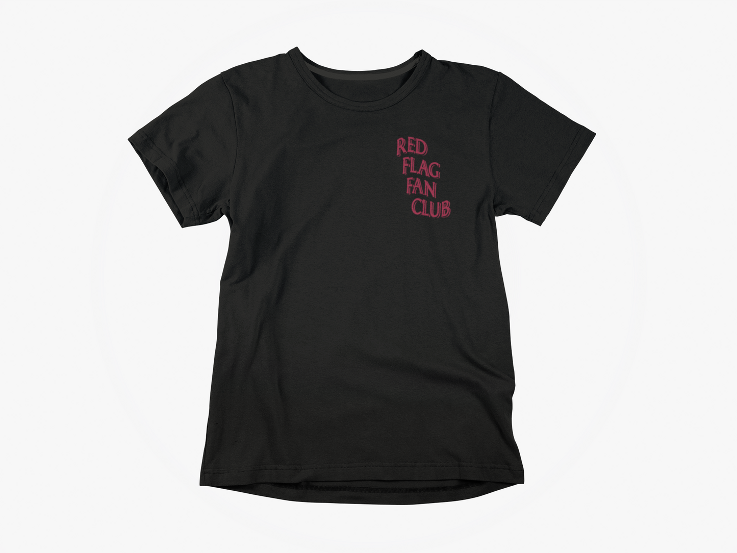 front of shirt, black shirt, red lettering, red flag fan club, red flag shirt, red flag, flag wave design, tampa bay buccaneers, bucs, pocket logo