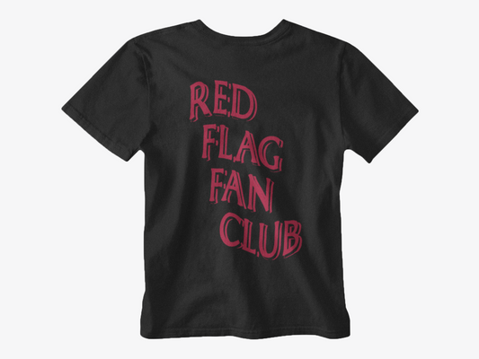 back of shirt, black shirt, red lettering, red flag fan club, red flag shirt, red flag, flag wave design, tampa bay buccaneers, bucs 